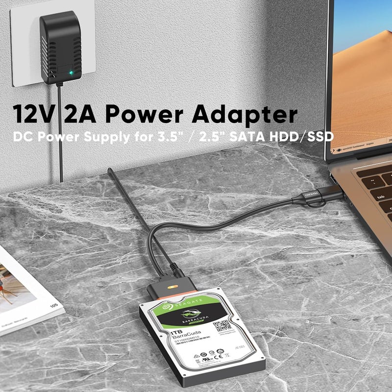 FEMORO محول SATA إلى USB مع مزود طاقة ومحول USB C، قارئ القرص الصلب SATA للـ 2.5 بوصة SSD و 3.5 بوصة HDD، بسعة تصل إلى 20TB، دعم SATA III متوافق مع UASP مع Seagate و WD و Toshiba والمزيد - Image 4
